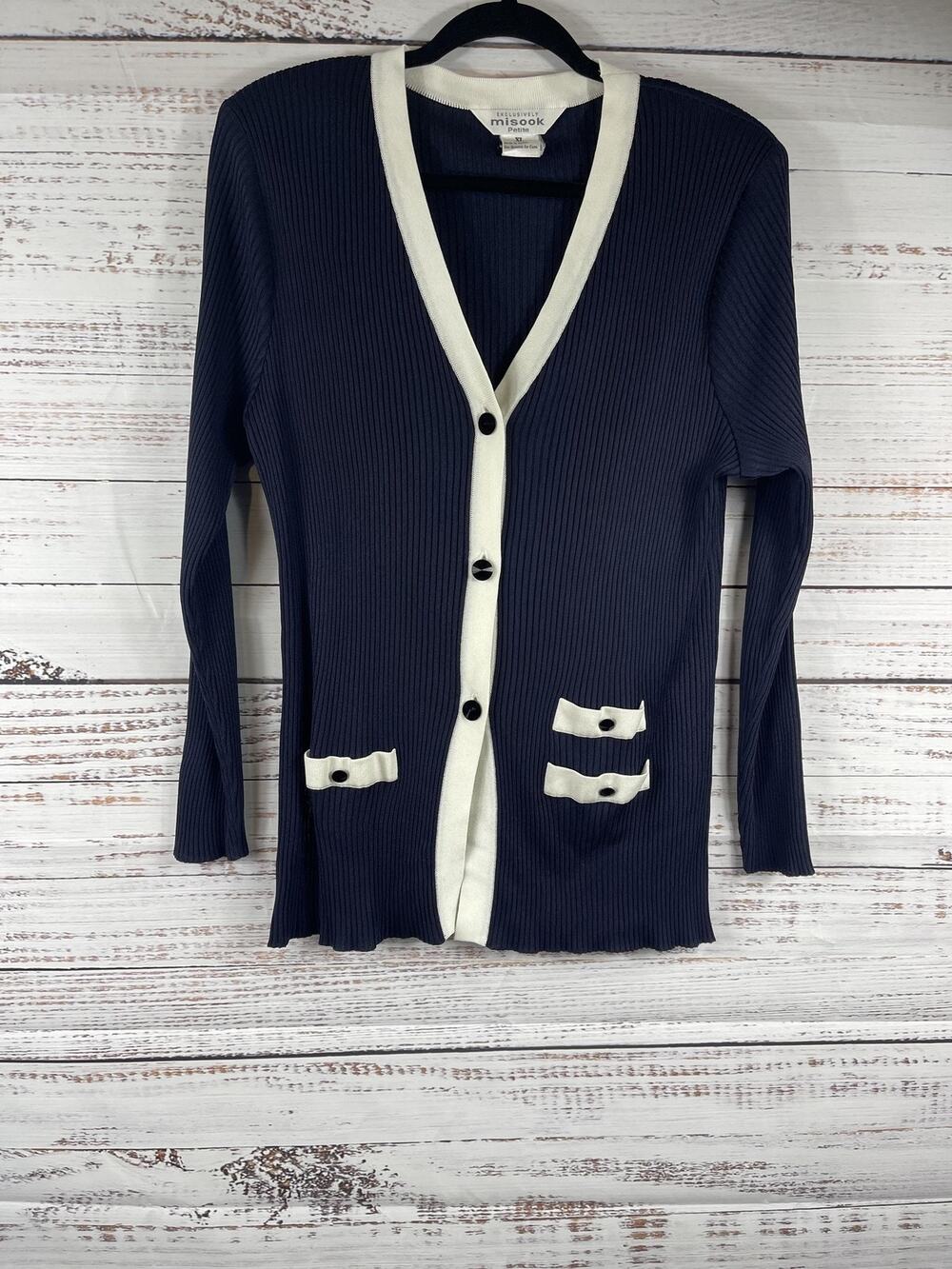 Misook Cardigan Sweater Womens Petite XL Blue Contrast Trim Button Pockets Knit
